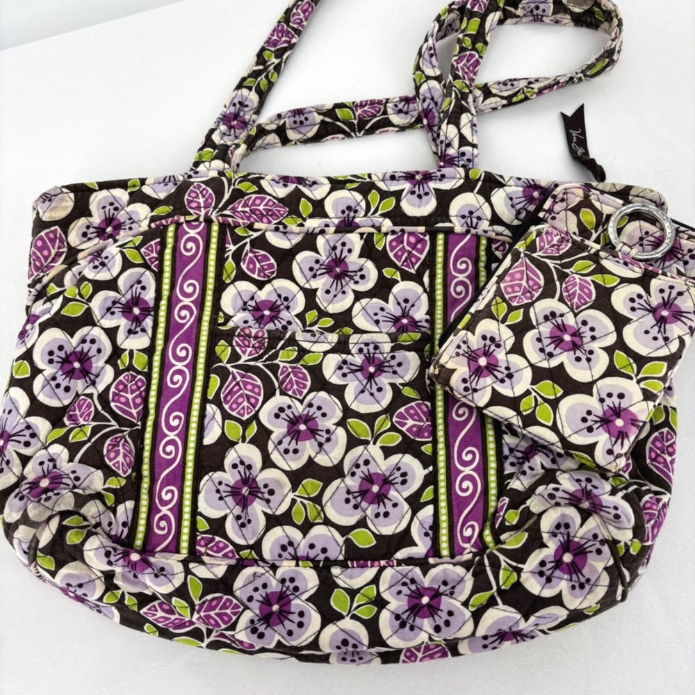 Vera Bradley Plum Petals Quilted Floral Tote Shoulder Bag & Matching ID Case Set